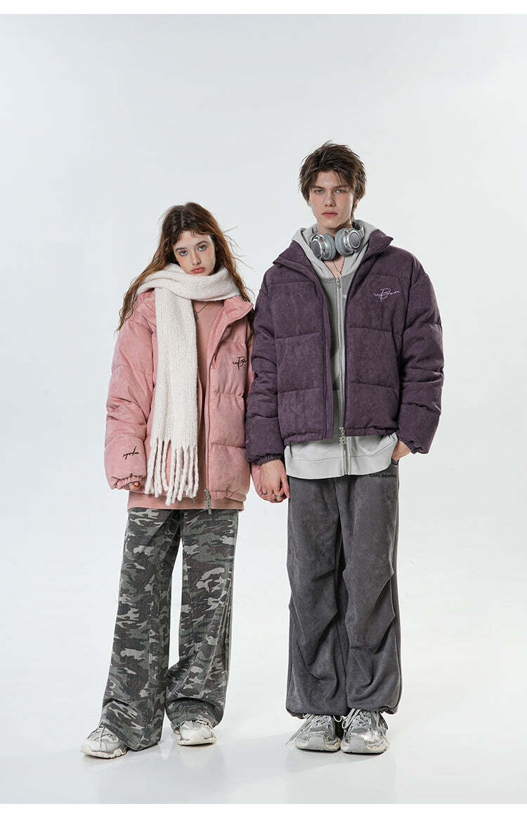 BJHG Suede Puffer Jacket - Y2K Grunge, 90s Retro, Summer Outfits, Pastel Goth, Hip Hop Fashion