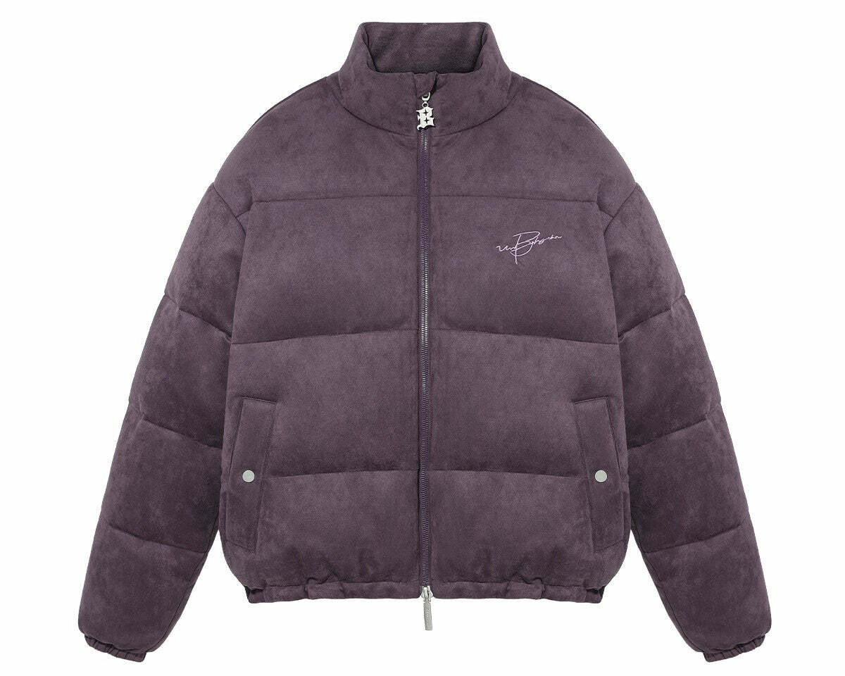 BJHG Suede Puffer Jacket - Y2K Grunge, 90s Retro, Summer Outfits, Pastel Goth, Hip Hop Fashion