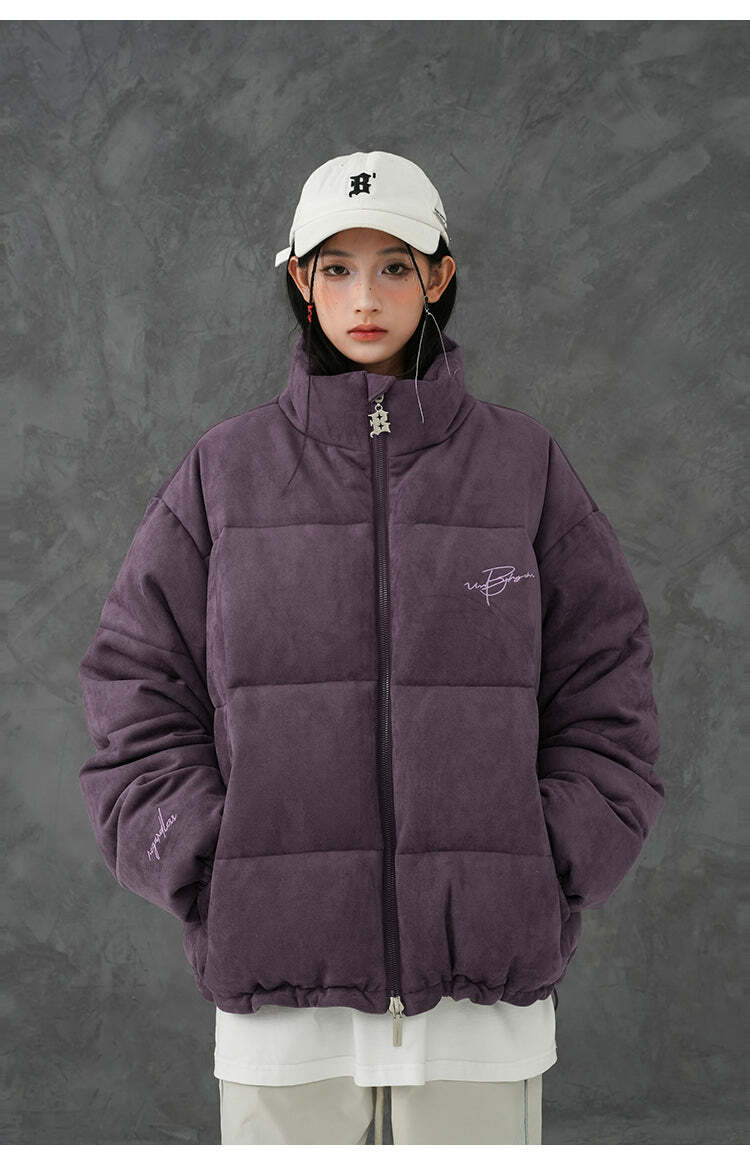 BJHG Suede Puffer Jacket - Y2K Grunge, 90s Retro, Summer Outfits, Y2K Club & Party Fashion