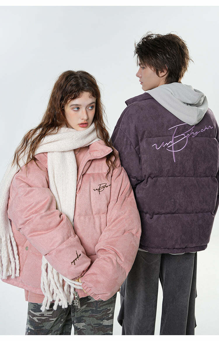 BJHG Suede Puffer Jacket - Y2K Grunge, 90s Retro, Summer Outfits, Y2K Club & Party Fashion