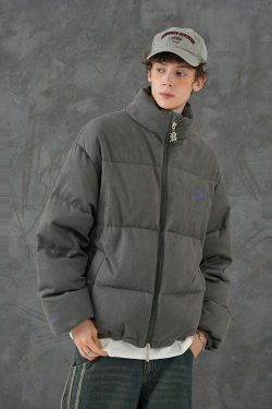 BJHG Suede Puffer Jacket - Y2K Grunge, 90s Retro, Summer Outfits, Y2K Club & Party Fashion