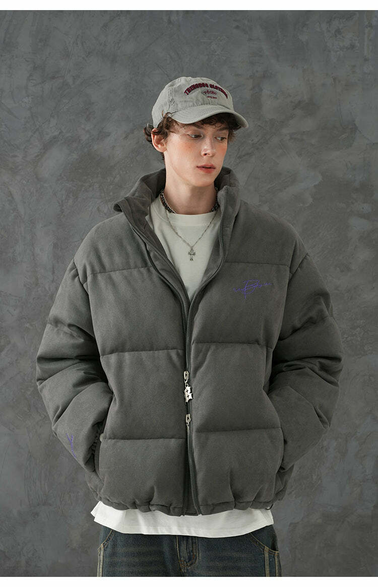 BJHG Suede Puffer Jacket - Y2K Grunge, 90s Retro, Summer Outfits, Y2K Club & Party Fashion