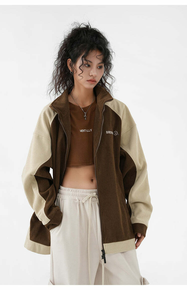 BJHG Two-Tone Vintage Corduroy Jacket - Y2K Summer, 90s Grunge, Retro Style, Y2K Party Outfit