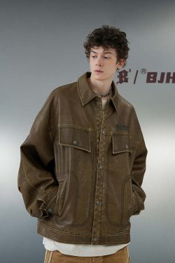 BJHG Vintage Motorcycle Jacket - Y2K Grunge, 90s Fashion, Retro Style, Y2K Party Outfits