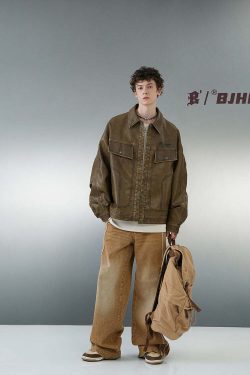 BJHG Vintage Motorcycle Jacket - Y2K Grunge, 90s Fashion, Retro Style, Y2K Party Outfits