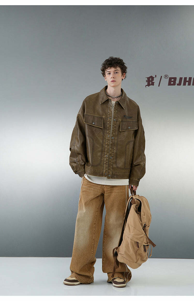BJHG Vintage Motorcycle Jacket - Y2K Grunge, 90s Fashion, Retro Style, Y2K Party Outfits