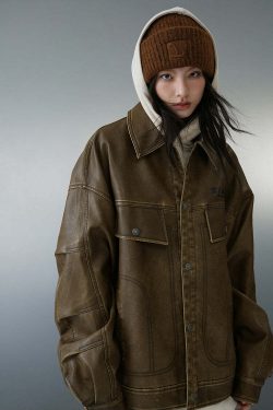 BJHG Vintage Motorcycle Jacket - Y2K Grunge, 90s Fashion, Retro Style, Y2K Party Outfits