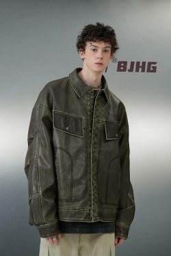 BJHG Vintage Motorcycle Jacket - Y2K Grunge, 90s Fashion, Retro Style, Y2K Party Outfits