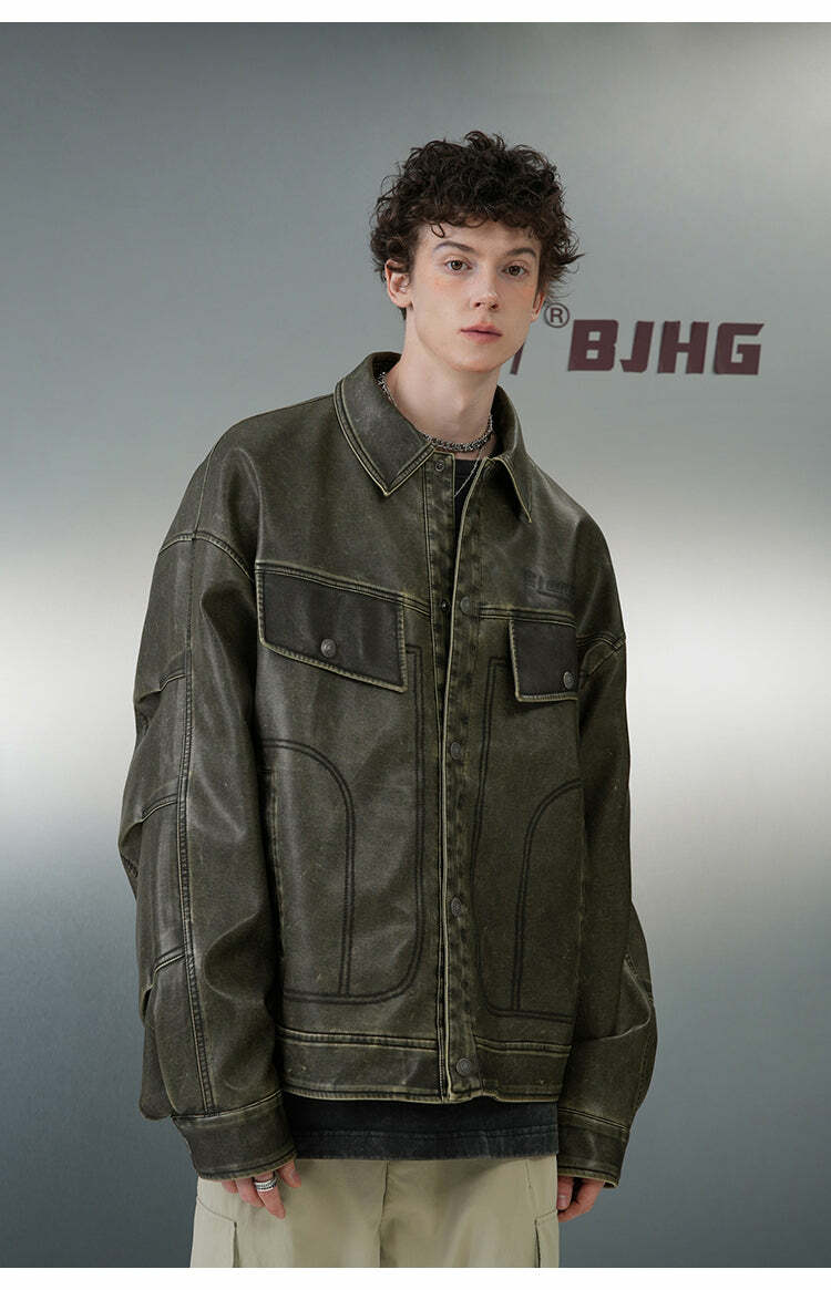 BJHG Vintage Motorcycle Jacket - Y2K Grunge, 90s Fashion, Retro Style, Y2K Party Outfits
