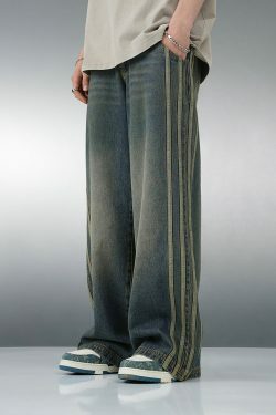 BJHG Vintage Striped Denim Jeans - Y2K Summer, 90s Grunge, Retro Hip Hop, Y2K Club Outfits
