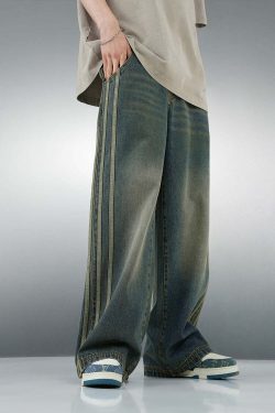 BJHG Vintage Striped Denim Jeans - Y2K Summer, 90s Grunge, Retro Hip Hop, Y2K Club Outfits