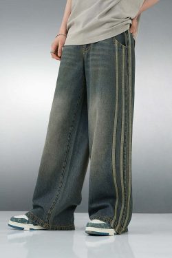 BJHG Vintage Striped Denim Jeans - Y2K Summer, 90s Grunge, Retro Hip Hop, Y2K Club Outfits