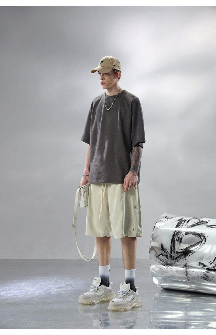 BJHG Y2K Grunge Button-Up Shorts - 90s Retro Summer Outfit, Pastel Goth, Hip Hop Fashion