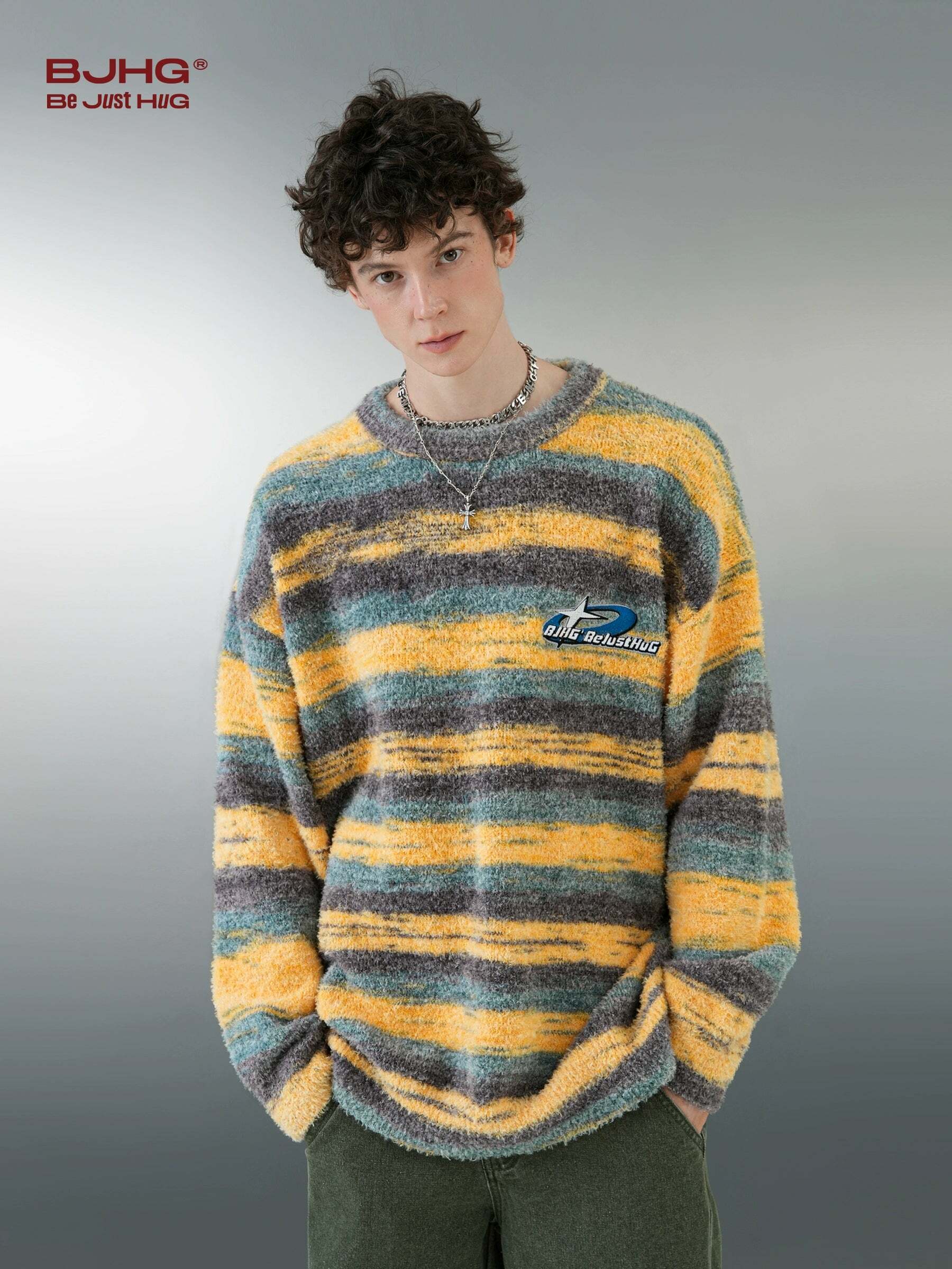 BJHG Y2K Grunge Contrast Painted Stripe Sweater - 90s Retro, Pastel Goth, Summer Outfits