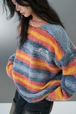 BJHG Y2K Grunge Contrast Painted Stripe Sweater - 90s Retro, Pastel Goth, Summer Outfits