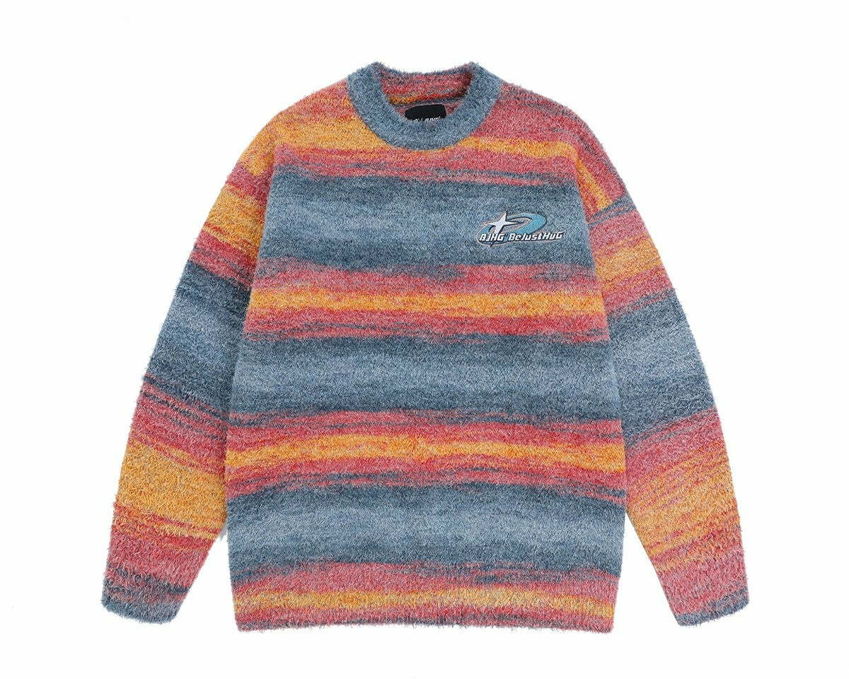 BJHG Y2K Grunge Contrast Painted Stripe Sweater - 90s Retro, Pastel Goth, Summer Outfits