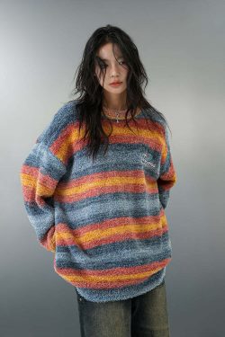 BJHG Y2K Grunge Contrast Painted Stripe Sweater - 90s Retro, Pastel Goth, Summer Outfits