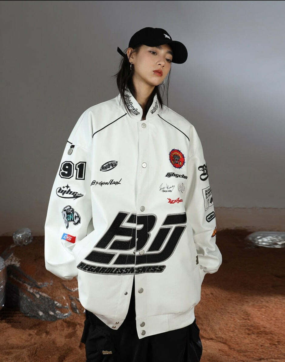 BJHG Y2K Grunge Patched Biker Jacket - 90s Retro Style, Summer Outfits, Gothic Y2K Fashion