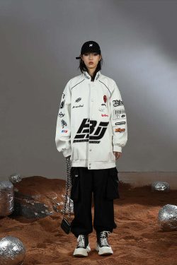BJHG Y2K Grunge Patched Biker Jacket - 90s Retro Style, Summer Outfits, Gothic Y2K Fashion