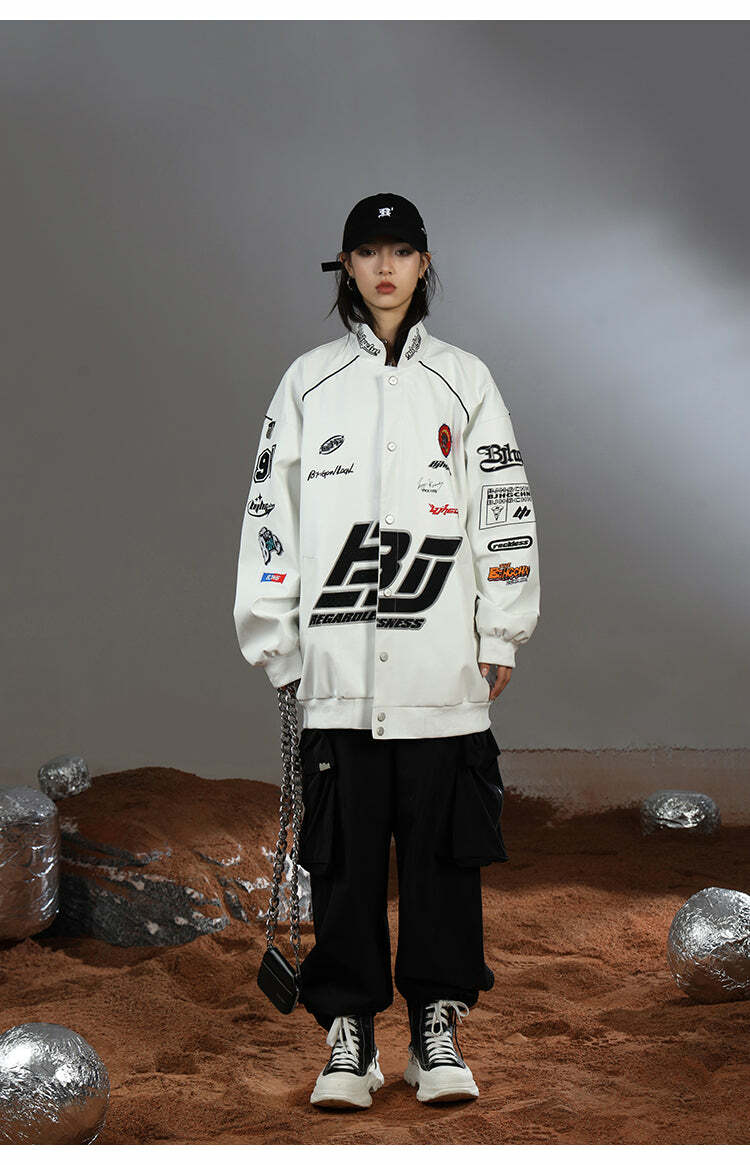 BJHG Y2K Grunge Patched Biker Jacket - 90s Retro Style, Summer Outfits, Gothic Y2K Fashion