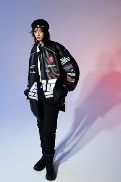 BJHG Y2K Grunge Patched Biker Jacket - 90s Retro Style, Summer Outfits, Gothic Y2K Fashion