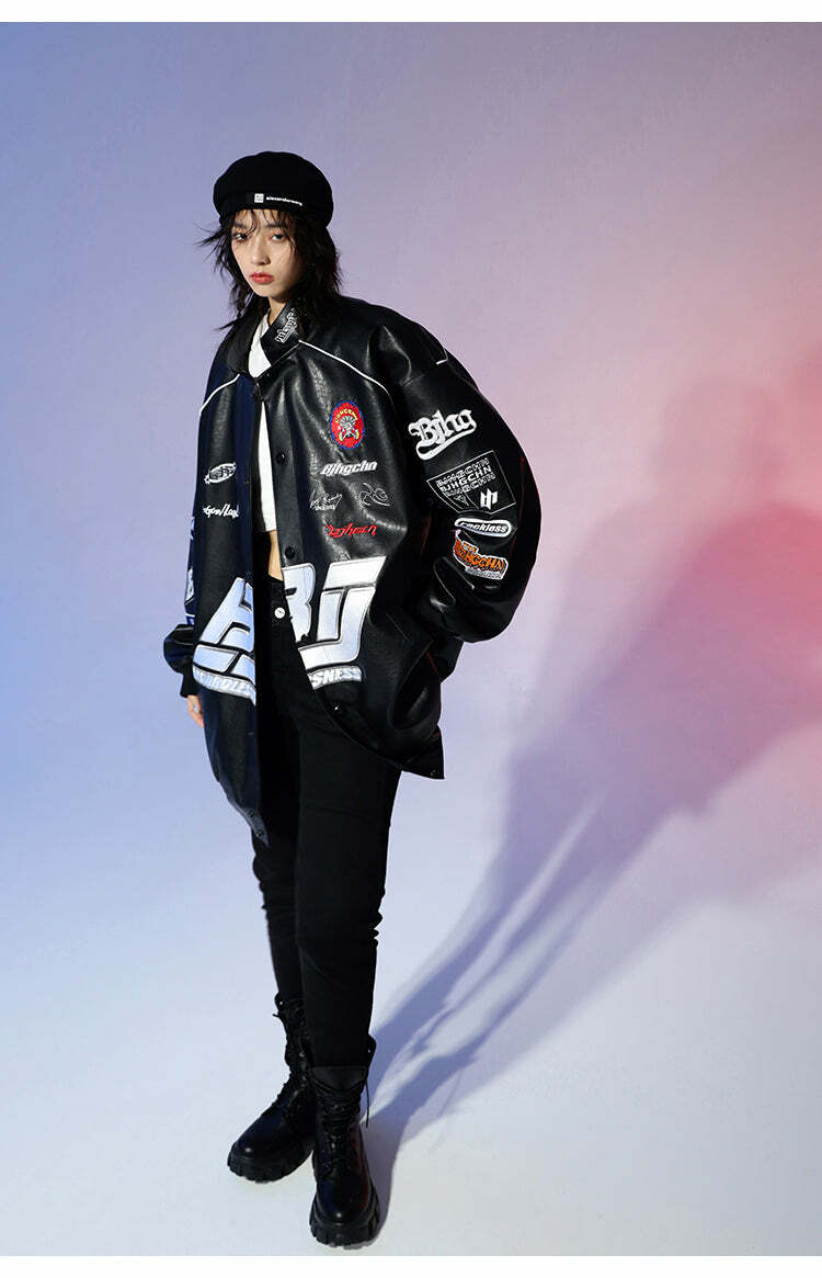 BJHG Y2K Grunge Patched Biker Jacket - 90s Retro Style, Summer Outfits, Gothic Y2K Fashion