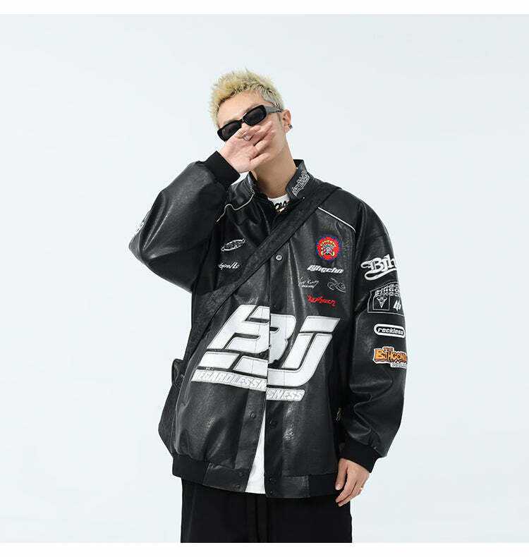 BJHG Y2K Grunge Patched Biker Jacket - 90s Retro Style, Summer Outfits, Gothic Y2K Fashion