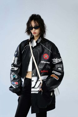 BJHG Y2K Grunge Patched Biker Jacket - 90s Retro Style, Summer Outfits, Gothic Y2K Fashion