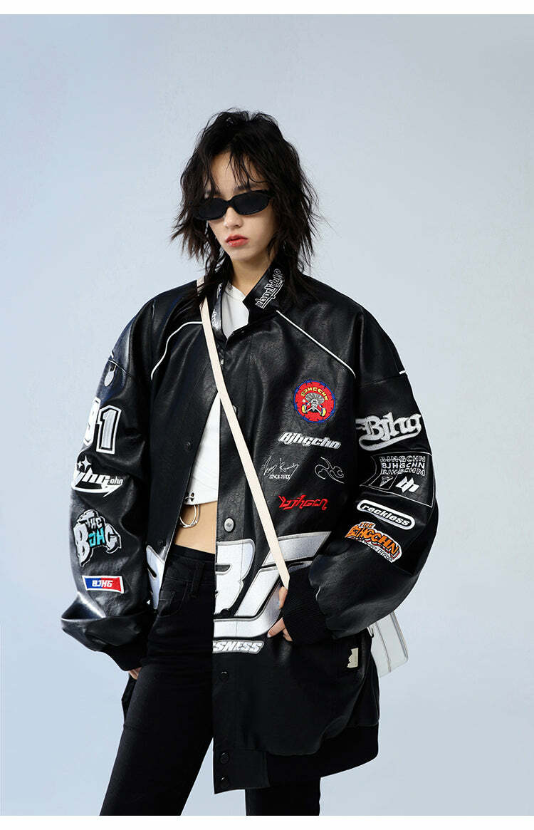 BJHG Y2K Grunge Patched Biker Jacket - 90s Retro Style, Summer Outfits, Gothic Y2K Fashion