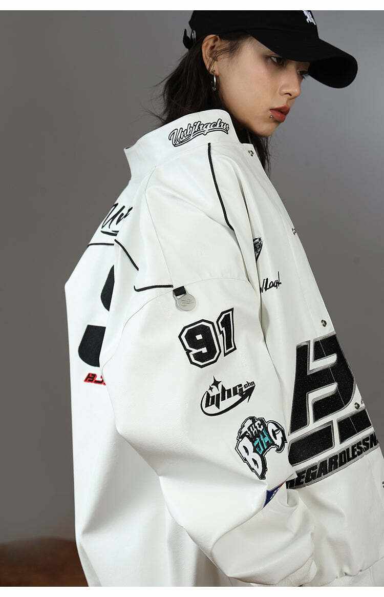BJHG Y2K Grunge Patched Biker Jacket - 90s Retro Style, Summer Outfits, Gothic Y2K Fashion