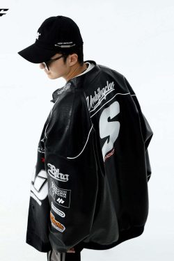 BJHG Y2K Grunge Patched Biker Jacket - 90s Retro Style, Summer Outfits, Gothic Y2K Fashion