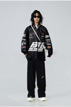 BJHG Y2K Grunge Patched Biker Jacket - 90s Retro Style, Summer Outfits, Gothic Y2K Fashion