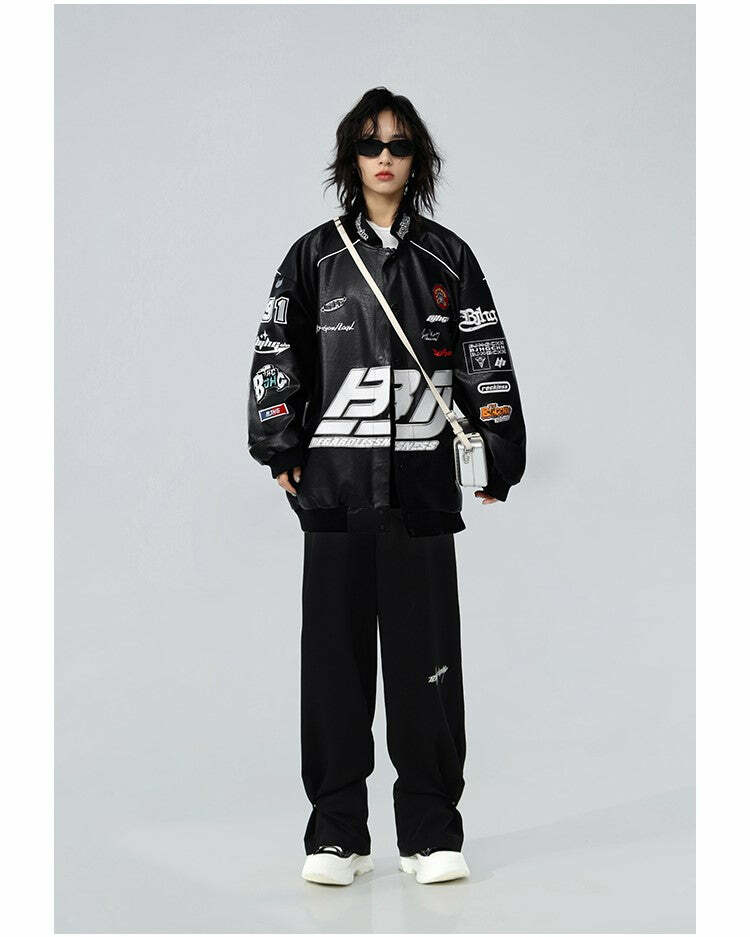 BJHG Y2K Grunge Patched Biker Jacket - 90s Retro Style, Summer Outfits, Gothic Y2K Fashion