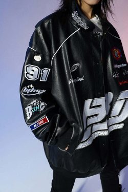 BJHG Y2K Grunge Patched Biker Jacket - 90s Retro Style, Summer Outfits, Gothic Y2K Fashion