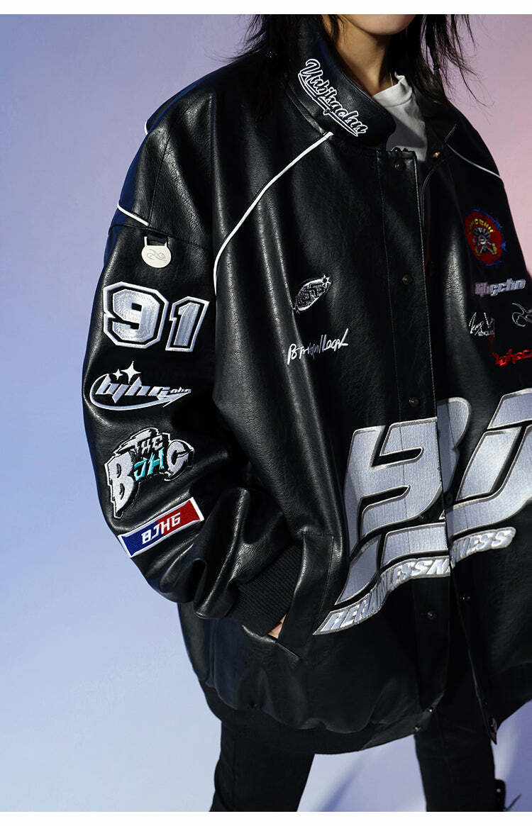 BJHG Y2K Grunge Patched Biker Jacket - 90s Retro Style, Summer Outfits, Gothic Y2K Fashion