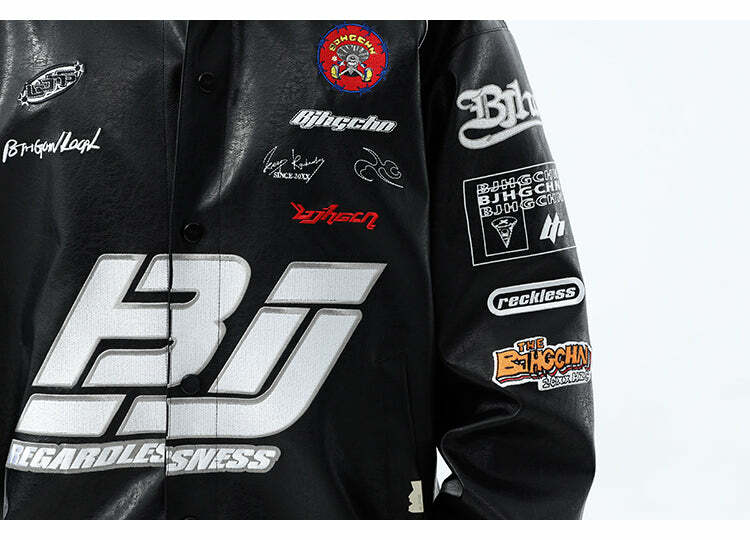 BJHG Y2K Grunge Patched Biker Jacket - 90s Retro Style, Summer Outfits, Gothic Y2K Fashion