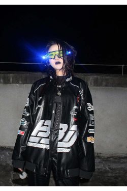 BJHG Y2K Grunge Patched Biker Jacket - 90s Retro Style, Summer Outfits, Gothic Y2K Fashion