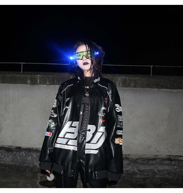 BJHG Y2K Grunge Patched Biker Jacket - 90s Retro Style, Summer Outfits, Gothic Y2K Fashion