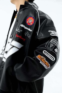 BJHG Y2K Grunge Patched Biker Jacket - 90s Retro Style, Summer Outfits, Gothic Y2K Fashion