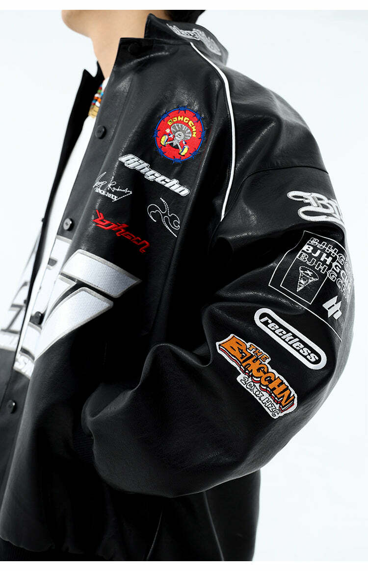 BJHG Y2K Grunge Patched Biker Jacket - 90s Retro Style, Summer Outfits, Gothic Y2K Fashion