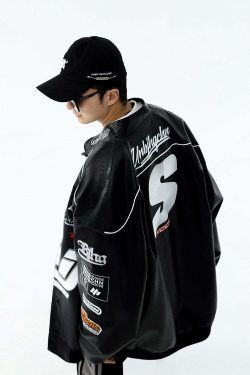 BJHG Y2K Grunge Patched Biker Jacket - 90s Retro Style, Summer Outfits, Gothic Y2K Fashion