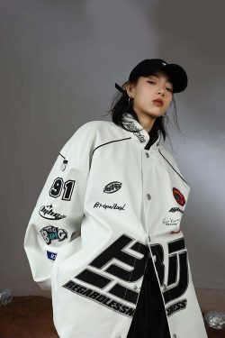BJHG Y2K Grunge Patched Biker Jacket - 90s Retro Style, Summer Outfits, Gothic Y2K Fashion