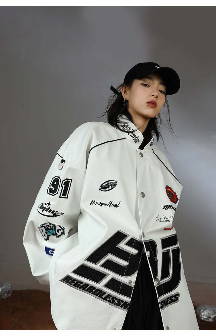 BJHG Y2K Grunge Patched Biker Jacket - 90s Retro Style, Summer Outfits, Gothic Y2K Fashion