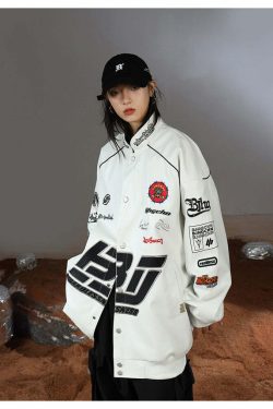 BJHG Y2K Grunge Patched Biker Jacket - 90s Retro Style, Summer Outfits, Gothic Y2K Fashion