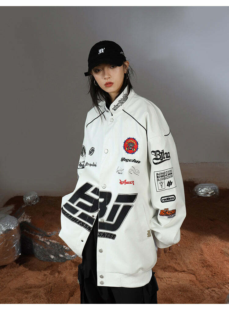 BJHG Y2K Grunge Patched Biker Jacket - 90s Retro Style, Summer Outfits, Gothic Y2K Fashion