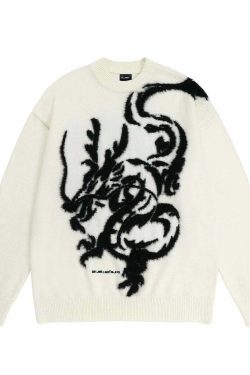 BJHG Year of the Dragon Sweater - Y2K Grunge, 90s Retro, Gothic Y2K, Summer & Party Outfits
