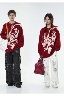 BJHG Year of the Dragon Sweater - Y2K Grunge, 90s Retro, Gothic Y2K, Summer & Party Outfits