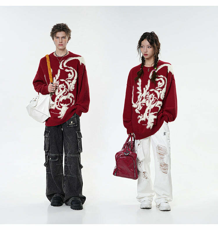 BJHG Year of the Dragon Sweater - Y2K Grunge, 90s Retro, Gothic Y2K, Summer & Party Outfits