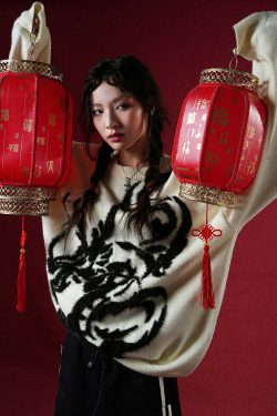 BJHG Year of the Dragon Sweater - Y2K Grunge, 90s Retro, Gothic Y2K, Summer & Party Outfits