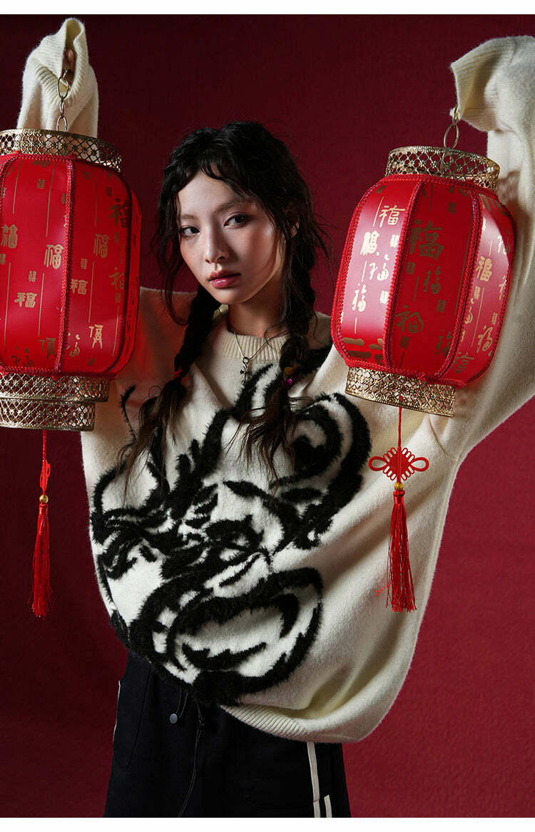 BJHG Year of the Dragon Sweater - Y2K Grunge, 90s Retro, Gothic Y2K, Summer & Party Outfits
